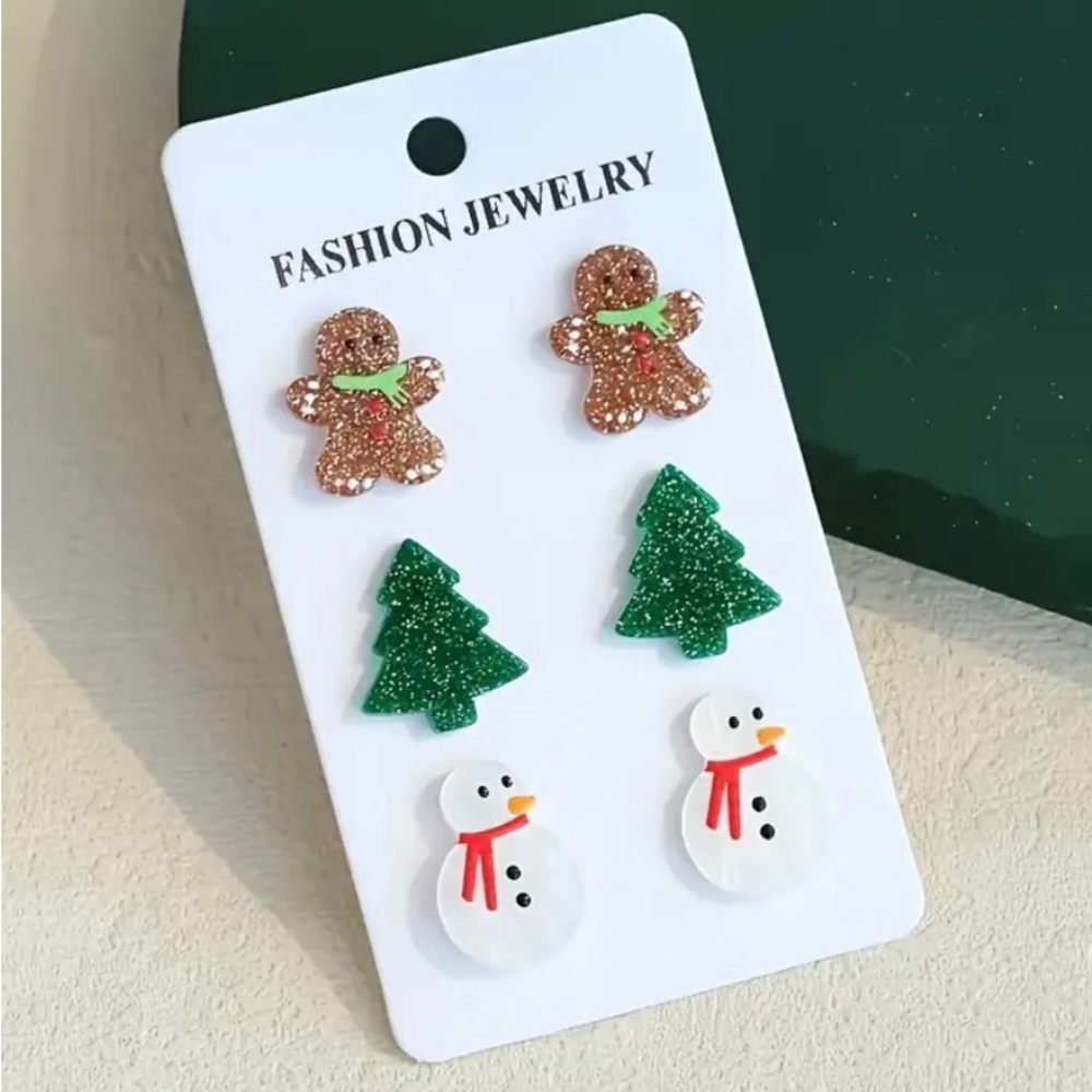 Holiday Theme Sparkle Resin Plastic Stud Earrings-Gingerbread, Xmas Tree&Snowman